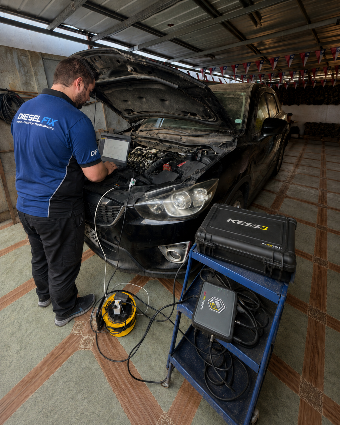Técnico DieselFix con traje blanco reprogramando ECU de vehículo diésel con equipo KESS3 Alientech